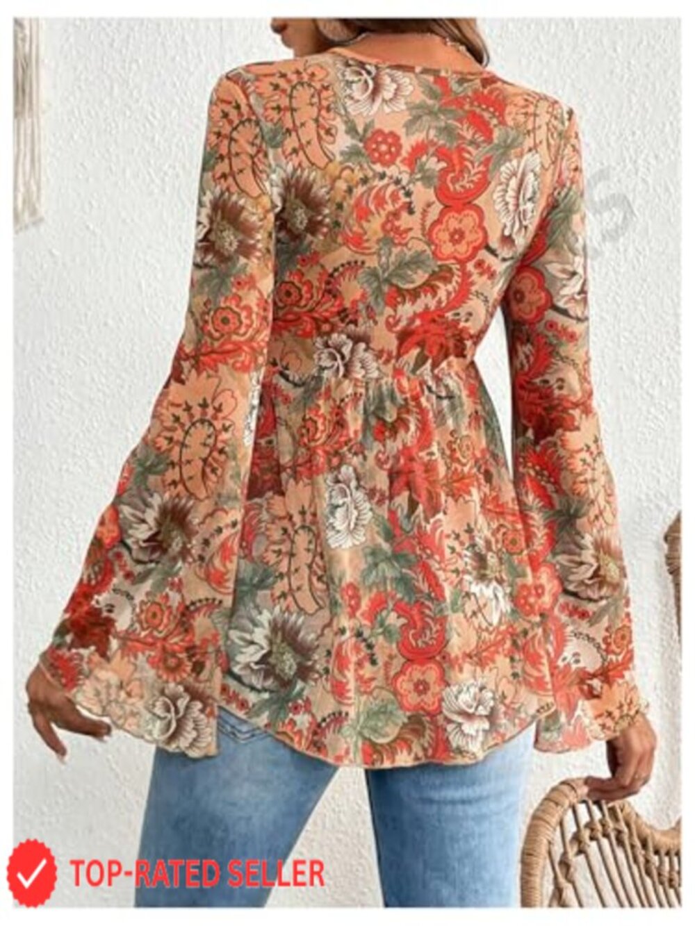 Bell Sleeve Top Tie Front Mesh V Neck Ruffle Peplum Blouse Sheer Long Sleeve - Picture 2 of 6